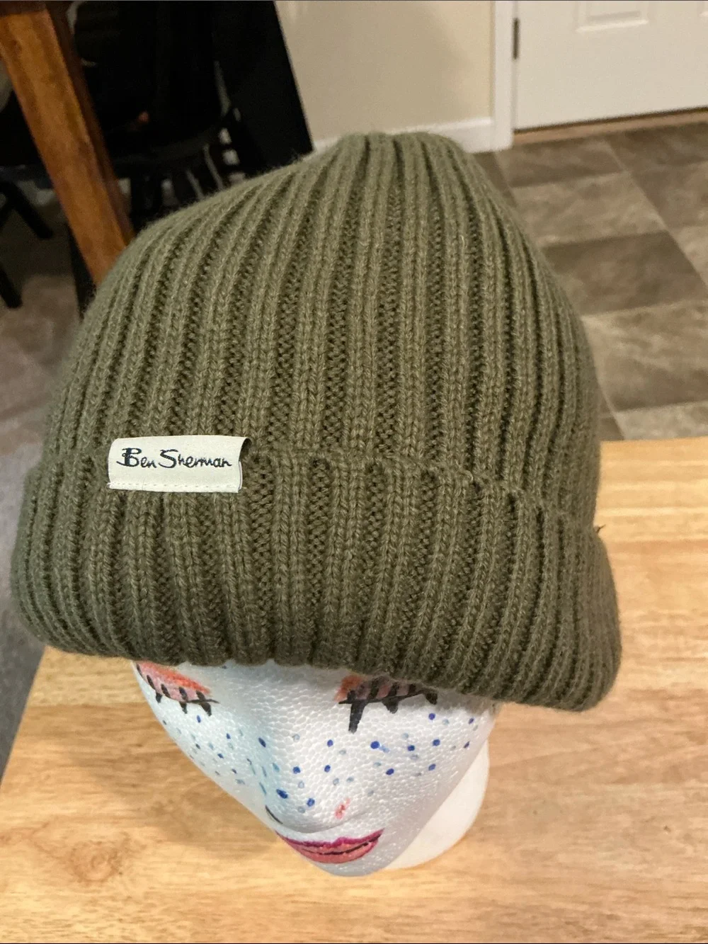 Ben Sherman Knit Beanie Hat Faux Fur Lined One Size Army Green EUC